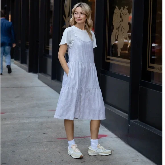 Lena Tiered Linen Dress in Beige and White Stripe Sz L handmade fair trade - Picture 6 of 7